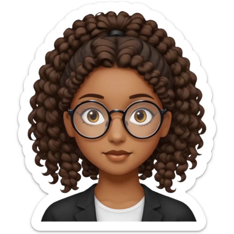 chica morena de ojos claros con gafas negras exagonales redondeadas. y pelo rizado castaño con todo el pelo recogido en una coleta .. Con todo el pelo recogido un clen look solamente una coleta tiene 16 años. hazlo como la segunda imagen pero sin el moño sticker