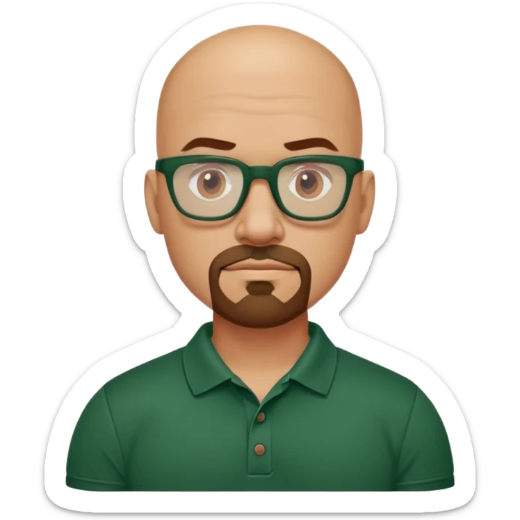 muscular bald man with a red chin goatee, wearing a dark green polo shirt and dark green glasses sticker