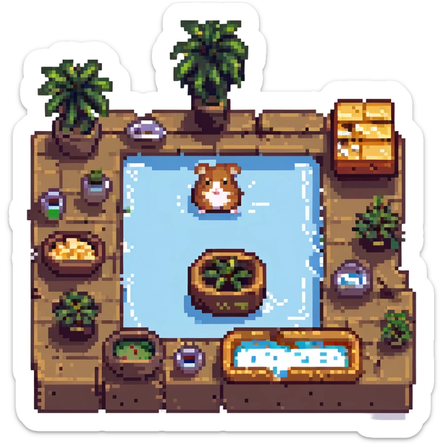 pixel art scene of a hamster cult at a weed pool party with cheese platters, playful and vibrant sticker