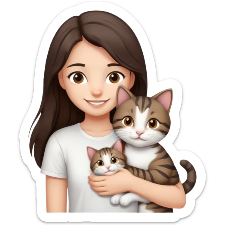 a girl with long dark brown hair, in a
white T-shirt and brown eyes, smile, hugs a tabby
dark grey and white strips one cat sticker