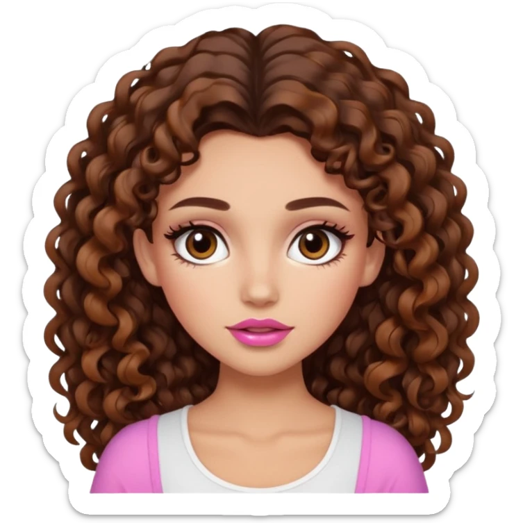 white girl with long voluminous dark brown curly hair with caramel highlights wearing a white top. Blush on the cheeks and big eyelashes and a brown-pink lip combo  sticker