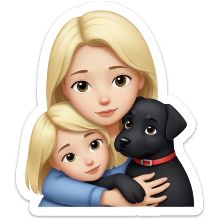 Black dog cuddling human girl with blonde hair sticker