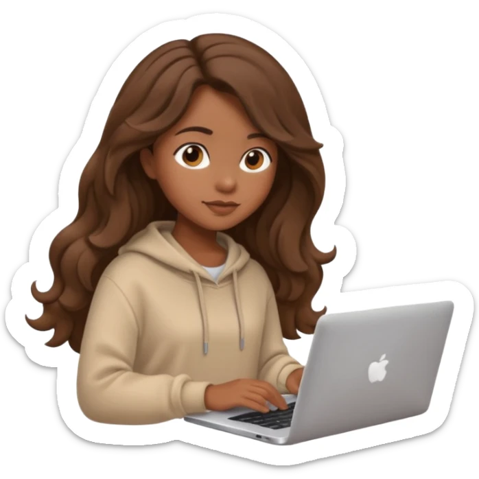 make a picture in ios 18 style of a girl with brown long wavy hair wearing cozy beige clothes and working on a laptop sticker