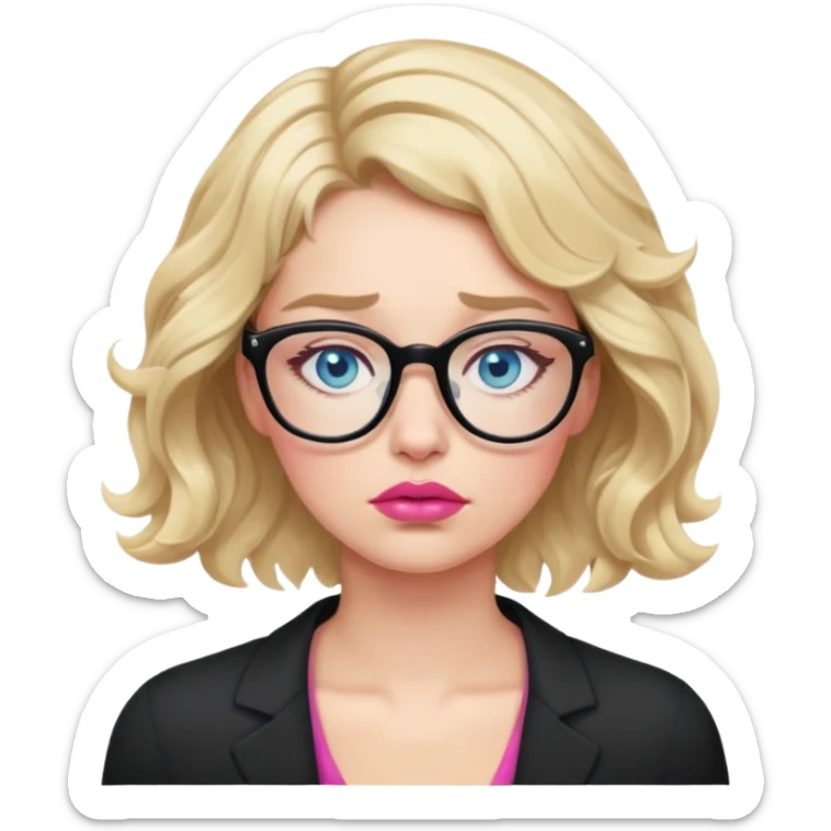 Blonde woman with short wavy hair, blue eyes and pink lips wearing black glasses falling asleep looking really tired sticker