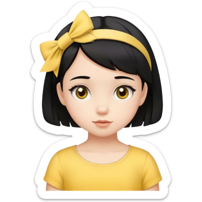 little girl, with short black hair, a girl's hair accessory and a yellow blouse sticker