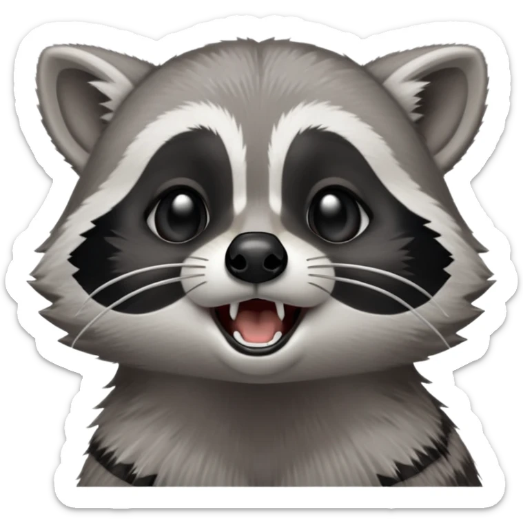 Cinematic-cute realistic- Yawning Raccoon-Portrait-Emoji – Poised and confident, wide-open yawn, revealing a soft grey with a sturdy build and a beautifully textured fur of silver-grey accented by dark black facial markings, deep-set, big black eyes, simplified yet sharp and sophisticated zoom out to show shoulders sticker