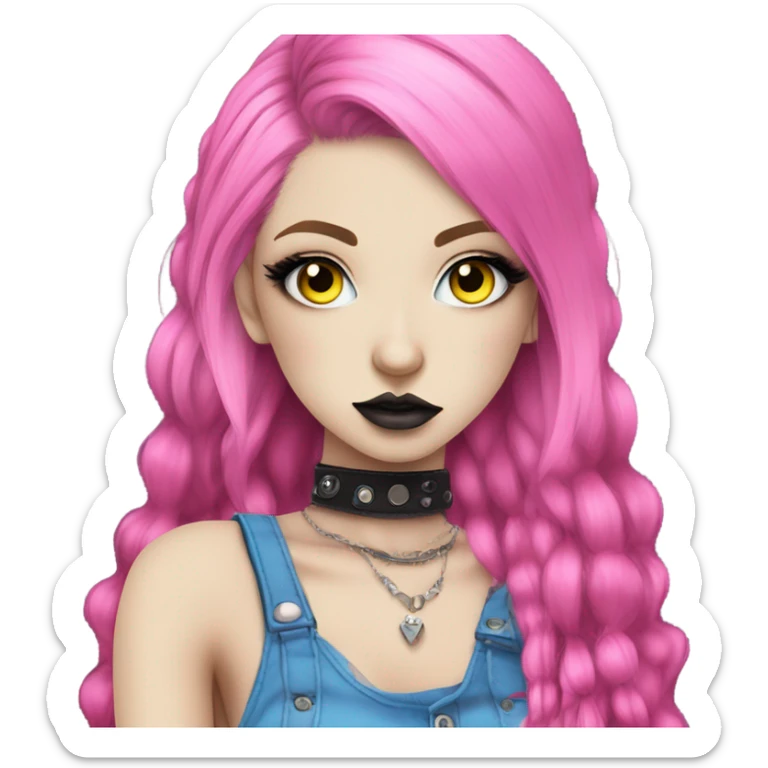 Blue eyed pale hime gyaru girl, hot pink and yellow split-dyed hair, dark makeup, punk clothes sticker