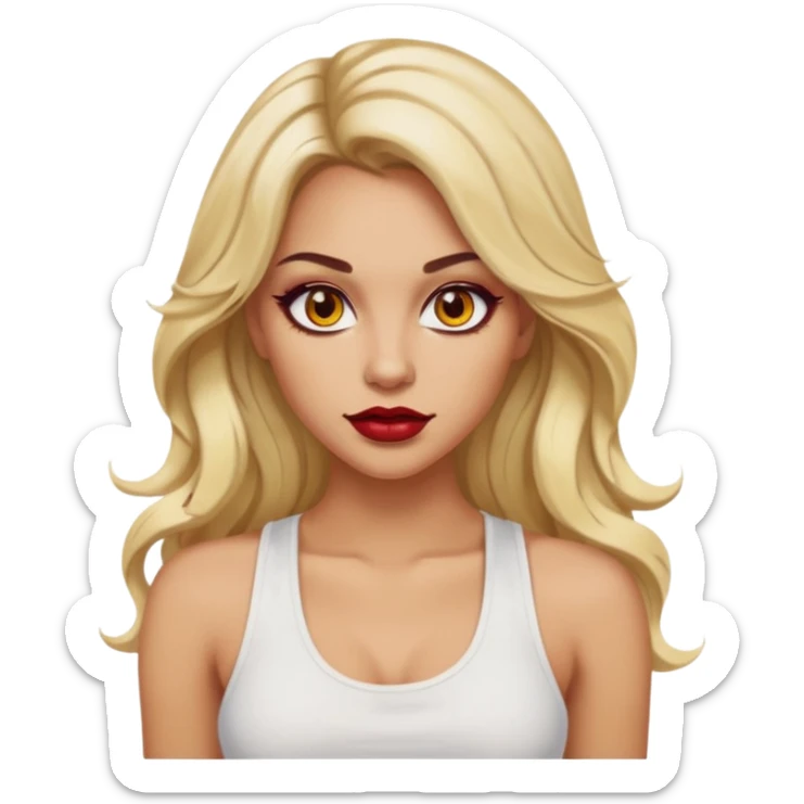 a woman with white tank top her hair is long wavy blonde hair, her face is baddie girl style, her eyes color are yellow and the color of her lip is red maroon sticker