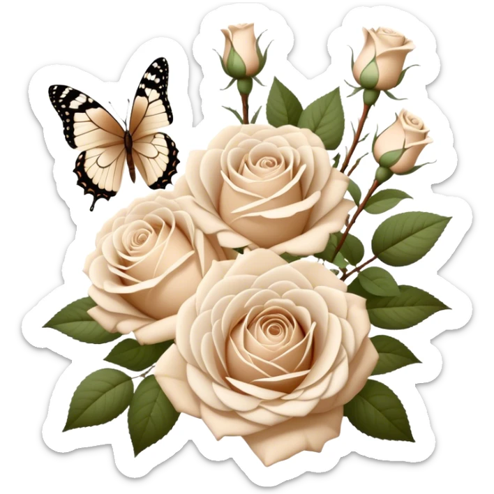 A bouquet of white Ascott tea roses next to a beige aesthetic and a brown beautiful butterfly sticker