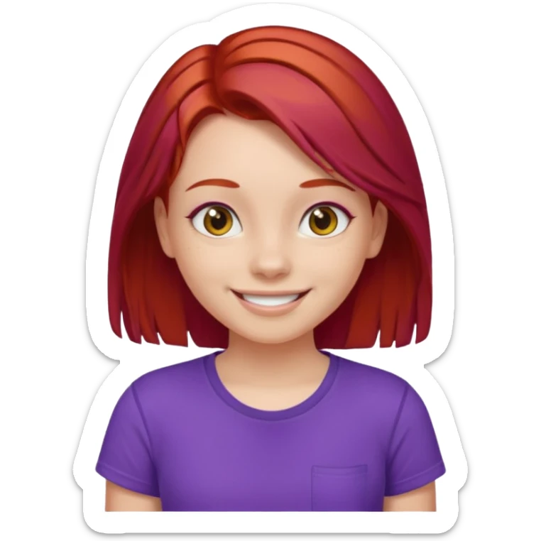 Young girl with red hair, wearing a purple T-shirt, with a smiling face sticker