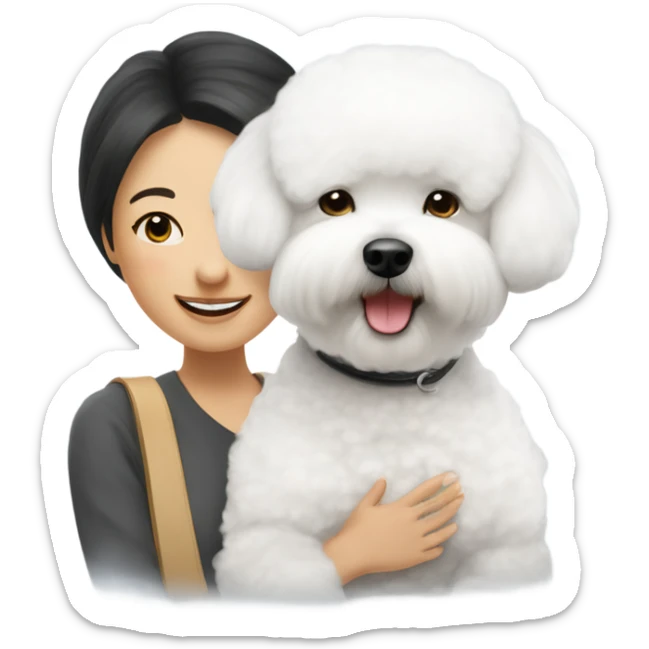 A cute and happy bichon frise with an Asian woman  sticker