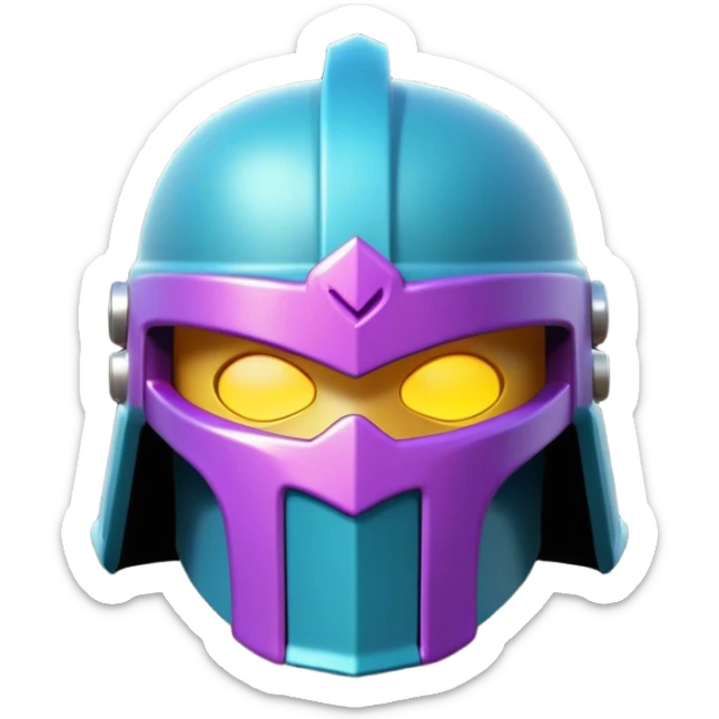 Clash of Clans aesthetic: Cinematic Playful 3D Isometric Helmet Emoji, rendered in a 3D vector-style similar to standard emojis with minimal shading and bold, simplified shapes. A compact, distinct form with signature details, softly glowing with a fantasy RPG magic charm. Simplified yet unmistakably iconic, highly detailed and consistent, glowing with a soft radiance and high shine. Stylized with a touch of heroic grandeur and a soft glowing outline, capturing the essence of a beloved gaming relic with a friendly, playful manner! sticker