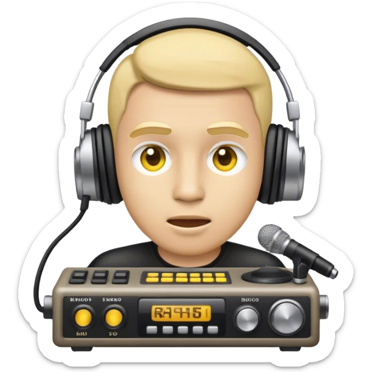 a yellow face emoji of a radio sound producer sticker