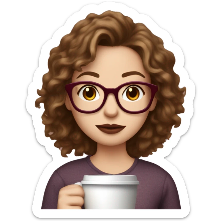 white girl with dark blonde messy hair, freckles on cheeks and nose, wearing burgundy glasses, holding coffee, wearing shirt that says "mom life" sticker