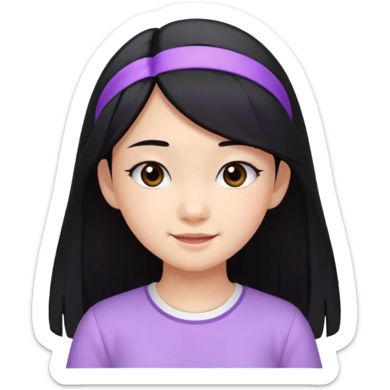 Asian teen girl with long straight black hair, wearing a lilac bando and a white shirt, happy expression sticker