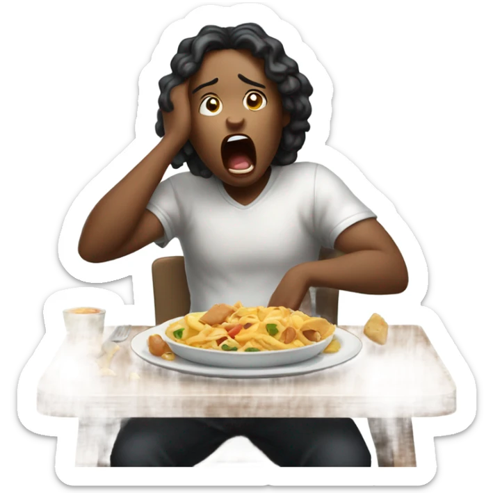 a person who is moody and sleepy and is eating food sticker
