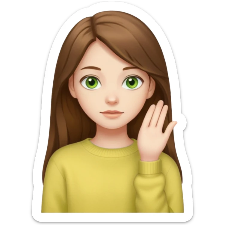 please create an emoji of a semi pale girl with long brown hair, green eyes, wearing a pastel yellow sweater sticker