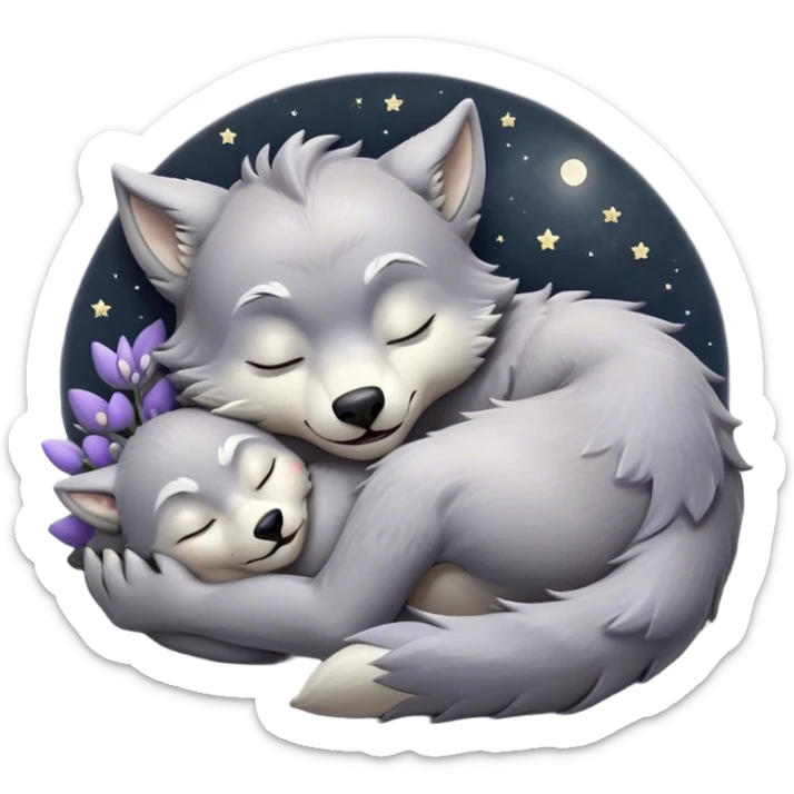 Meme-Worthy Cute Sleeping Werewolf Portrait Emoji, with a cuddly, miniature lupine form in soft moonlit grays and silvers, head resting peacefully with gently closed dreamy eyes and a small, content smile, simplified yet irresistibly endearing, highly detailed with a soft glowing outline that captures the cozy, sleepy essence of a werewolf after frolicking under the full moon! sticker