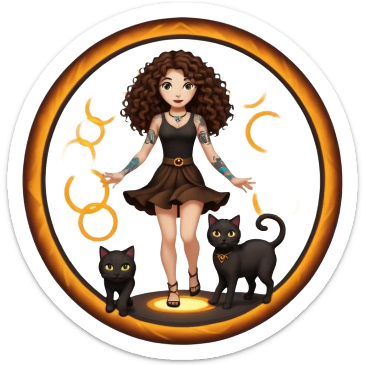 woman with long curly brown hair, brown eyes, white skin, tattoos, black cat stepping out of a glowing portal circle sticker