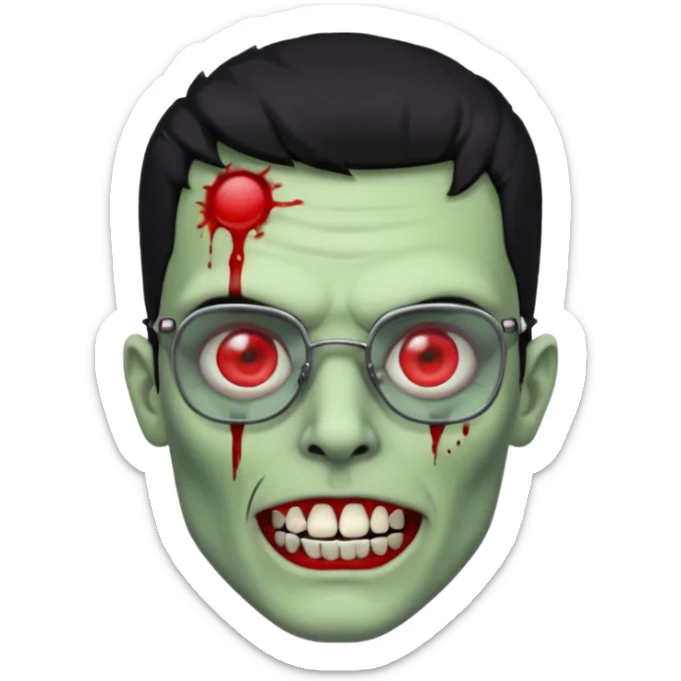 homem zumbi de óculos cabelo preto com muita olheira deixar pele dele verde dentes brancos e olhos vermelhos e ensanguentados deixar óculos quadrado e preto e olhos cheio de veias vermelhas e encher o rosto de piercings sticker