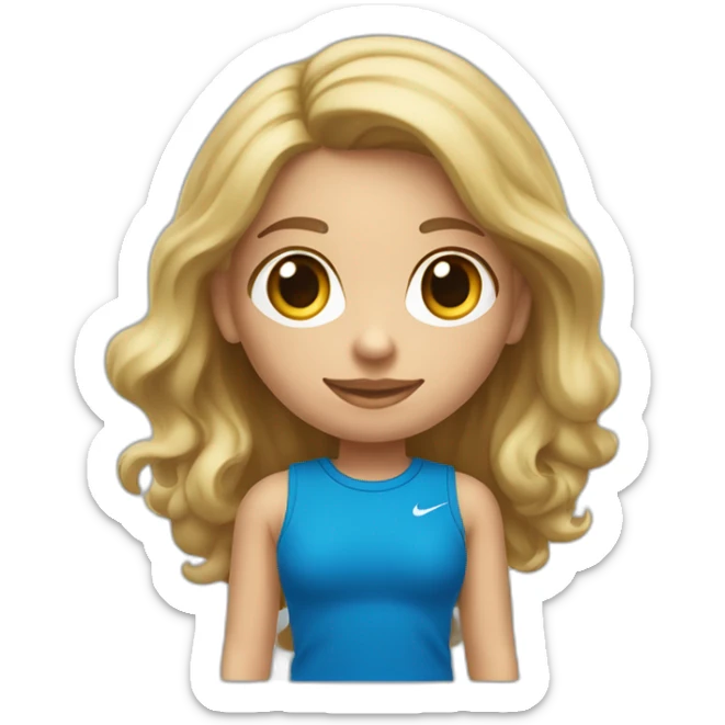 Een meisje met lang steil blond haar een groene trui en een blauwe cargo broek en witte nike sticker