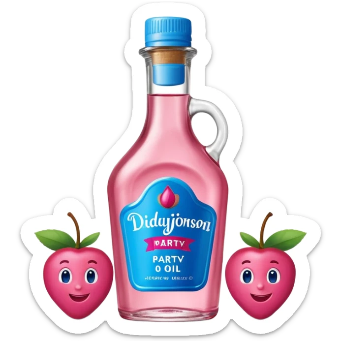 bottle of oil blue top pink outside with logo that says Diddy Party oil Johnson and Johnson  brand with a smiling berry on top sticker