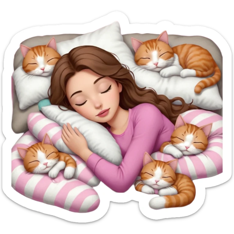 girl with long wavy brown hair, brown eyes, long lashes makeup, sexy pink lips, light to medium complexion,  sleeping on a cozy pillow, with 6 cats: 1 brown and white tabby cat, 1 ginger and white, 2 grey and white, 1 grey with white mittens and small white patch on chest and 1 calico, sleeping sticker