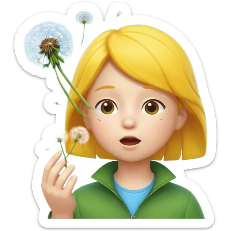 A 3D cartoon child blowing on a dandelion, seeds flying in the air, sunny garden background, realistic Memoji-style. sticker