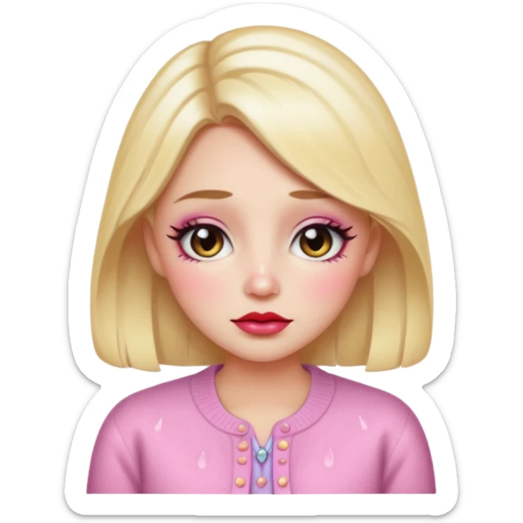 “Emoji girl, dewy skin, heavy blush across cheeks and nose bridge, glossy cherry lips, soft eyeliner, teary sparkling eyes, pastel cardigan.” sticker