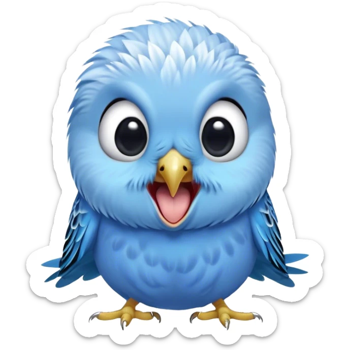 Cinematic Cute Yawning Blue Budgie Portrait Emoji, Head tilted slightly with a dramatic, wide-open yawn, showcasing a soft, downy blue feathered fur with gently drooping wings, round dark eyes barely open in drowsy contentment, Simplified yet irresistibly adorable features, highly detailed, glowing with a soft, cozy glow, high shine, relaxed yet expressive, stylized with a touch of whimsy, bright and endearing, soft glowing outline, capturing the essence of a sleepy yet affectionate budgie, so drowsy it feels like it could stretch out of the screen and curl up for a nap! sticker