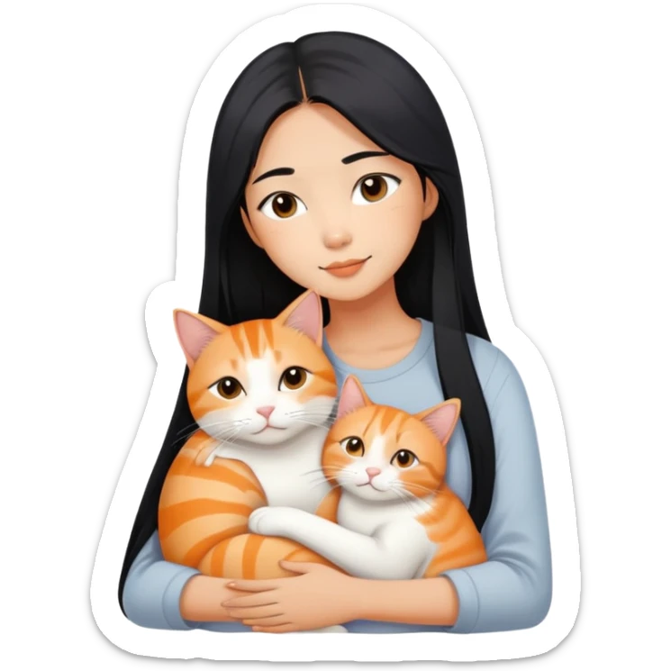 Young Asian woman with long straight black hair cuddling a white and orange tabby cat, gentle embrace, affectionate pose sticker