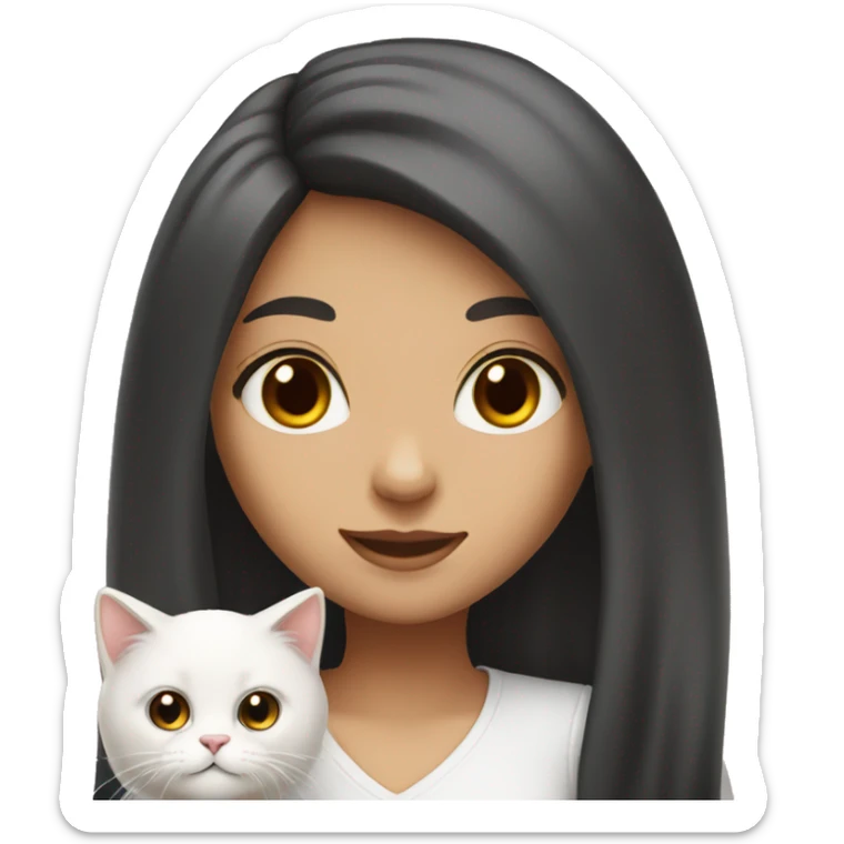 Emoji girl black long hair, brown eyes with white fluffy cat  sticker