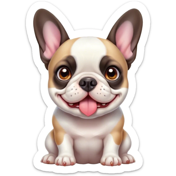Cinematic Cute Pied French Bulldog Portrait Emoji, Head tilted with a sweet, mischievous grin and large, inviting eyes, featuring a unique pied fur of contrasting colors, simplified yet irresistibly endearing, highly detailed, glowing with a warm, playful radiance, high shine, exuding a quirky charm and affectionate personality, styled with a soft, lighthearted outline, capturing the essence of a cute Pied French Bulldog that looks ready to charm its way into your heart! sticker