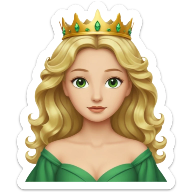 Queen, blonde wavy hair, green eyes, long green dress sticker