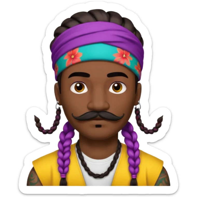 big lose braids starting from the top of the head man with mustache face wiith big visible braids and mono color headband on head  face and braids as big as headband and lots and lots of face tattoos colored tattoos like a tattoo artist hair unique color sticker