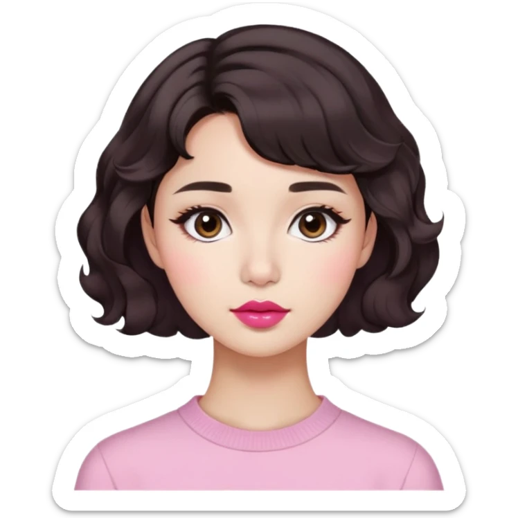 woman with short wavy dark brown hair, morena skin, round nose, soft dark pink lips, Pinterest aesthetic, Korean haircut sticker