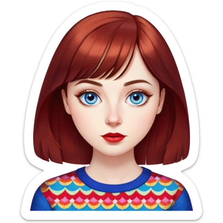 Artistic young woman with pale skin, oval face, large expressive blue eyes with eyeliner, thin arched eyebrows, small nose, full lips with red lipstick, dark auburn hair that's straight with slight waves at ends, straight bangs, wearing a bright colorful patterned top, warm creative expression sticker