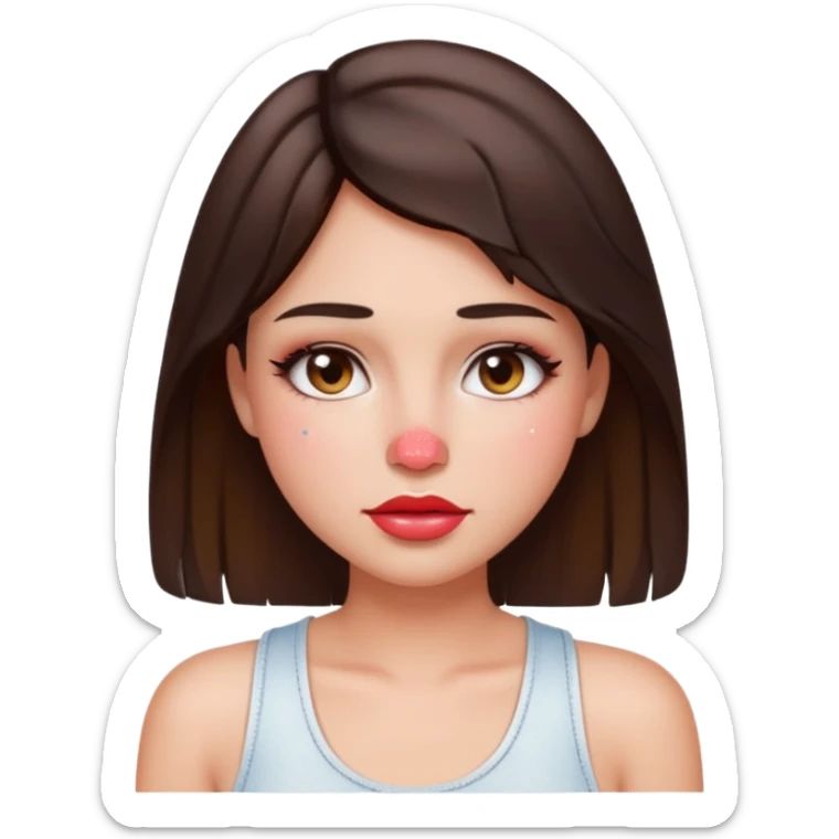 “Emoji brunette girl white tanktop, dewy skin, heavy blush across cheeks and nose bridge, glossy cherry lips, soft eyeliner, teary sparkling eyes like hanni from new jeans sticker