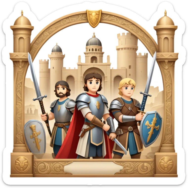 Icon for Historical Movies: A vintage movie poster-style design with elements of ancient architecture, historical figures in period costumes, and a backdrop of a historical event or battle. Include scrolls, swords, and shields. Retro cinematic feel. Transparent background. sticker