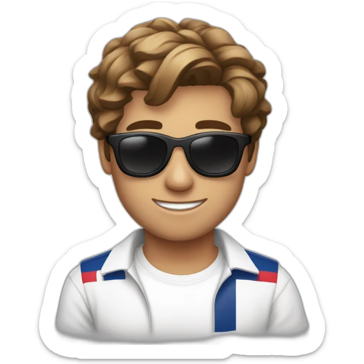 A young fit man with a white shirt and sunglasses on his hair with brown hair and a French flag in his hand sticker
