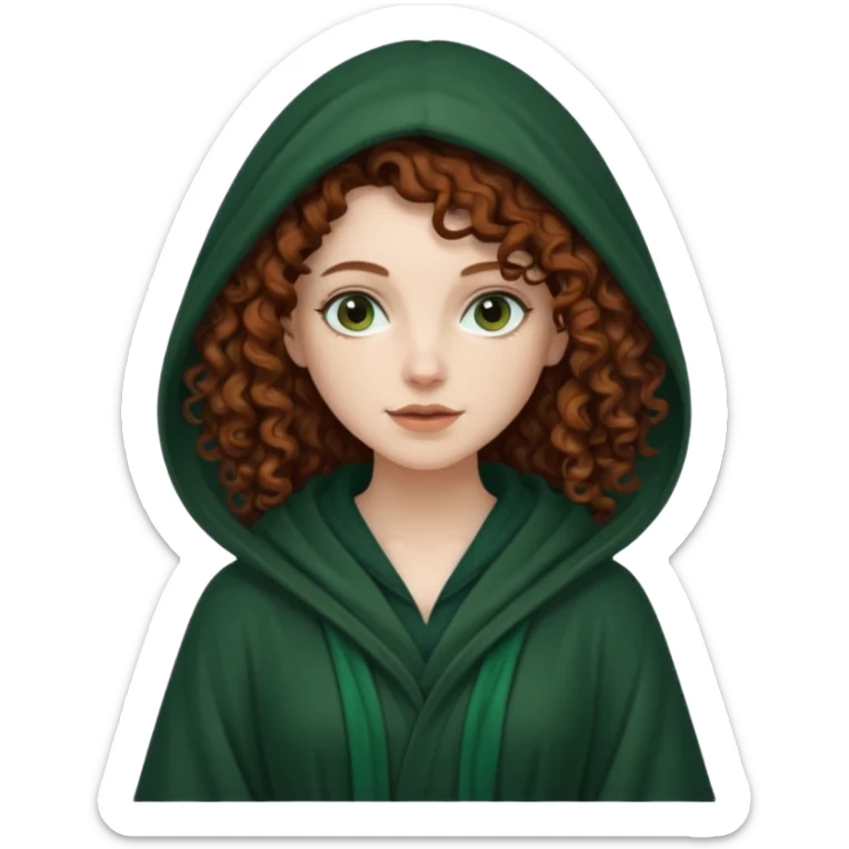 A white woman, a little thicker, with long dark auburn hair robed and hooded like she's a Traitor in the tv show The Traitors. her hair is mostly curly (kinda frizzy, not clean curls) and the robe is a dark dark forest green color sticker