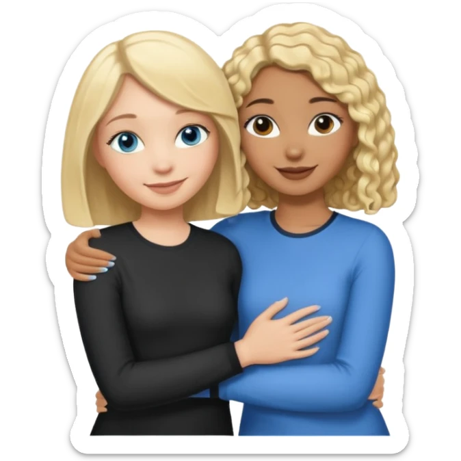 Girl best friends: one taller white girl with straight blond bob and blue eyes, one shorter black girl with long black curly hair, hugging sticker