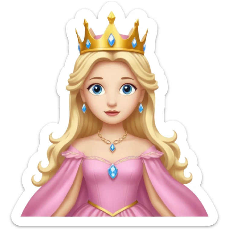 Glinda the Good Witch from The Wizard of Oz with light skin, blue eyes, long blonde hair, pink outfit and crown sticker