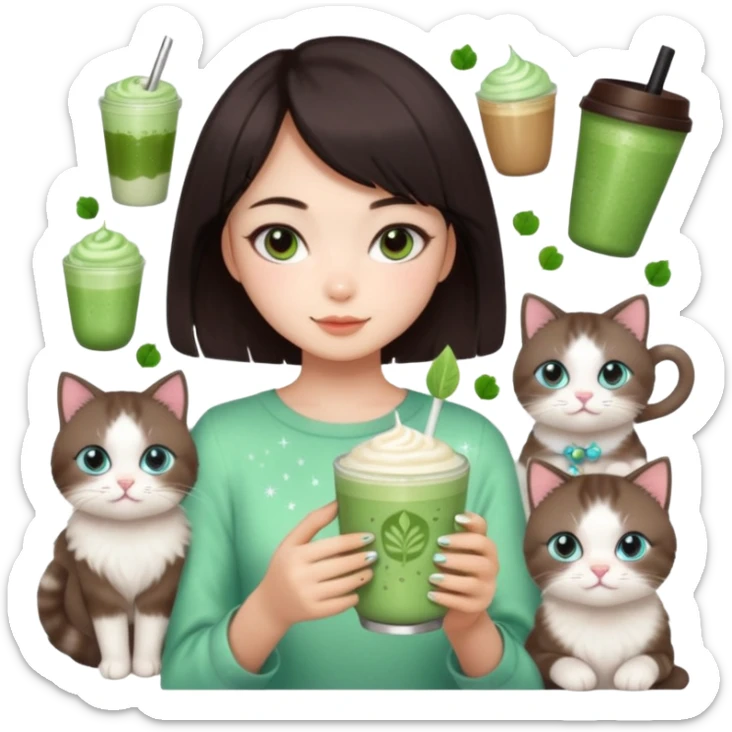 asian girl with shoart dark brown hair with a soft girl glowup aesthetic. matcha latte sparkles girly things, 2 ragdoll cats, skincare, makeup sticker