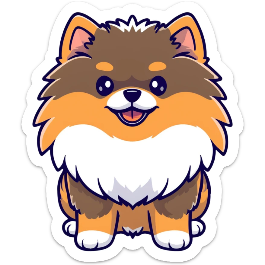 fluffy black and tan Pomeranian dog face, large round eyes, button nose, tan muzzle, tan eyebrow spots, thick ruff of fur, upright tousled ears, friendly and cute sticker