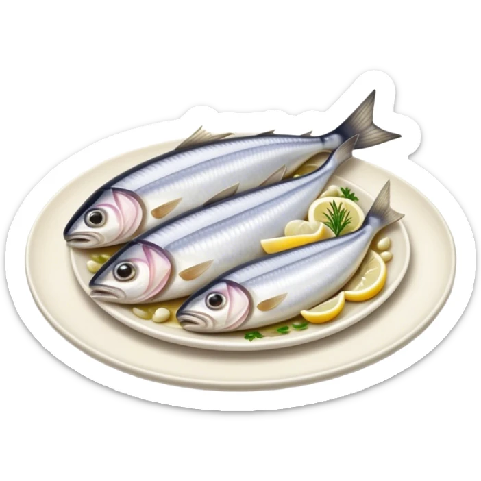 Cinematic Realistic Herring Dish Emoji, showcasing a traditional preparation of fresh herring with onions rendered with lifelike detail and cool, crisp lighting. sticker