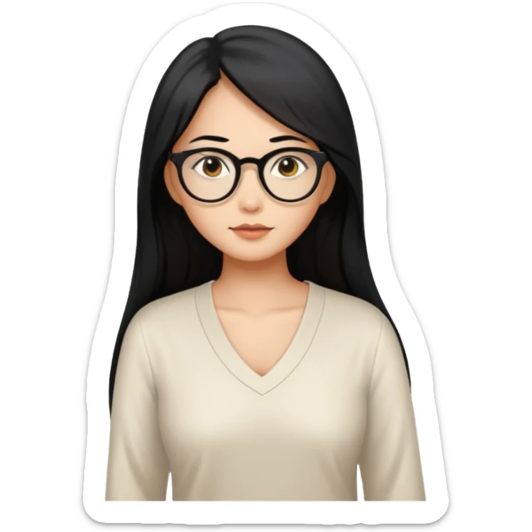 medium tan asian woman with long black hair past middle of back, round brown eyes, white v neck blouse. she has black thick frame glasses on. sticker