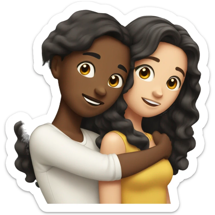 Two white best friends hugging one with wavy black hair and the other with straight brown hair sticker