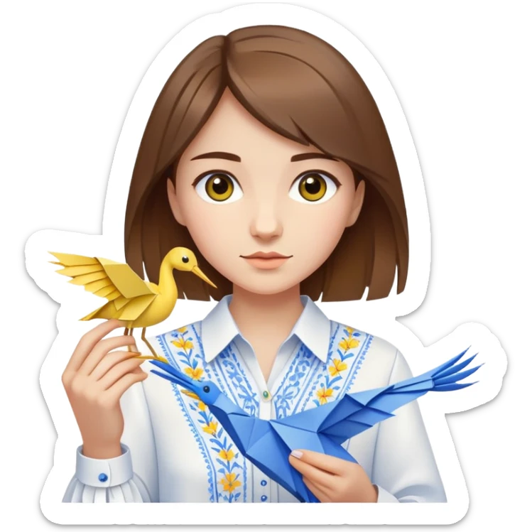 Ukrainian young girl with brown hair wearing a white embroidered shirt holds an origami yellow-blue crane sticker