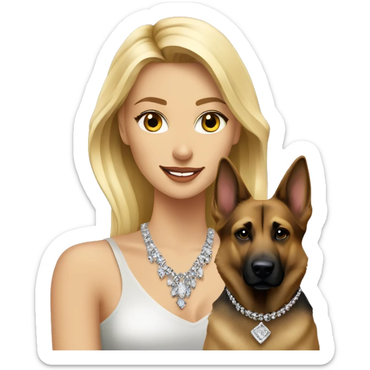 blonde beauty with jewelry indoors with German shepherd dog mix sticker